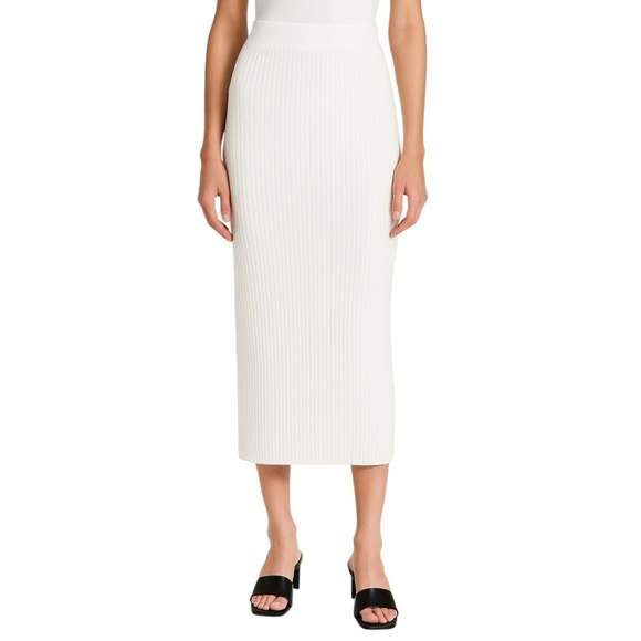 Enza Costa Ivory Ribbed Knit Midi Pencil Skirt M High Waist Stretch Bodycon - Picture 1 of 7